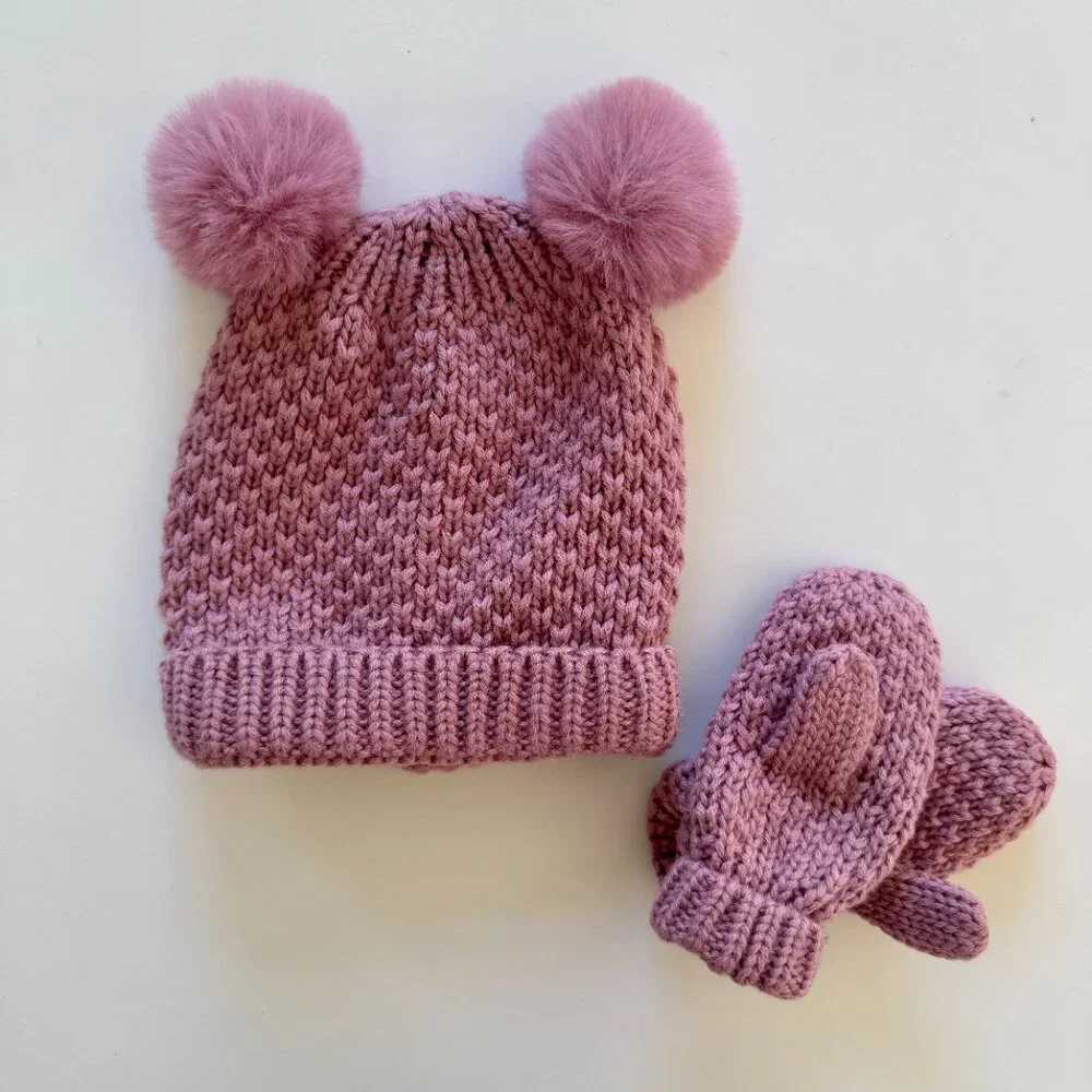 ZARA Knit Pom Beanie + Mittens Set | Pink | One Size | EUC